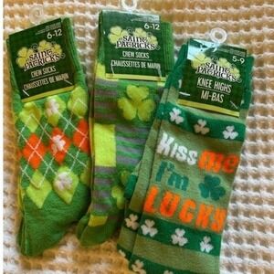 Saint Patrick's Day Socks Bundle 3 Pairs Crew Knee High Green Shamrock Argyle